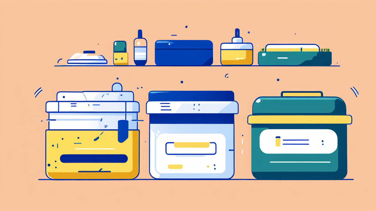 bowel incontinence products, Adult Disposable Bibs and colorful jars arranged on a peach background shelf.