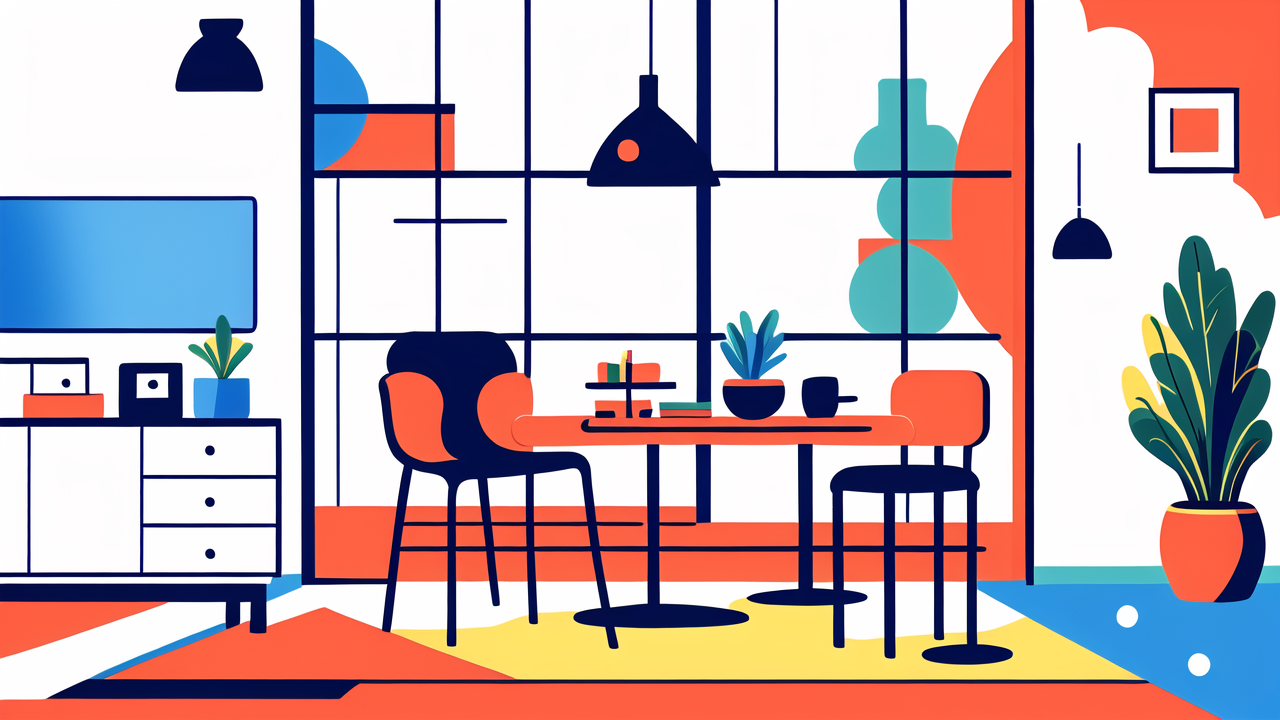makeup stand, modern living room with black sofa, red-orange rug, and central dining setup