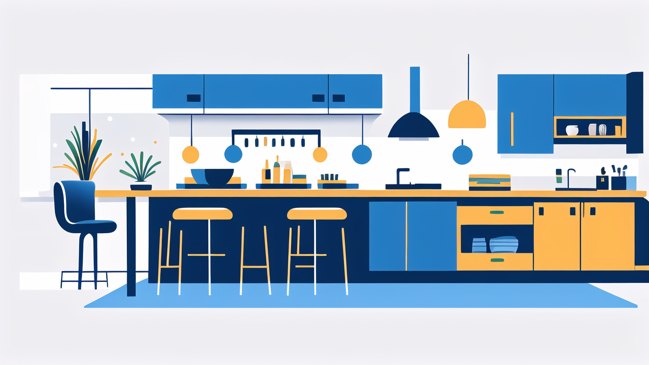 Modern kitchen with South Africa furniture, Victorian tables, blue cabinets, yellow countertops.