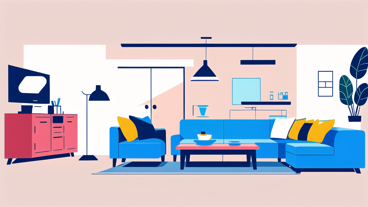 Todays Furniture modern living room with orange sofa, blue ottoman, patterned rug