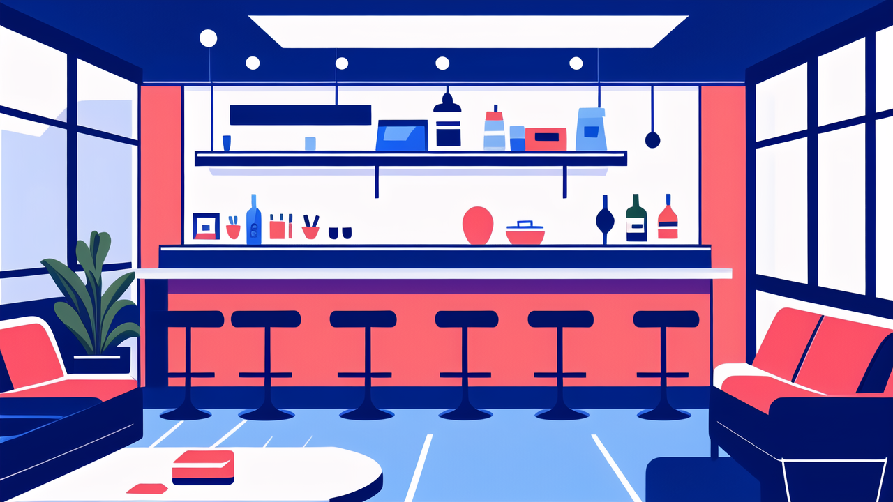 bar stools chrome, Modern cafe with Chrome bar stools, blue-orange decor, and hanging lights.