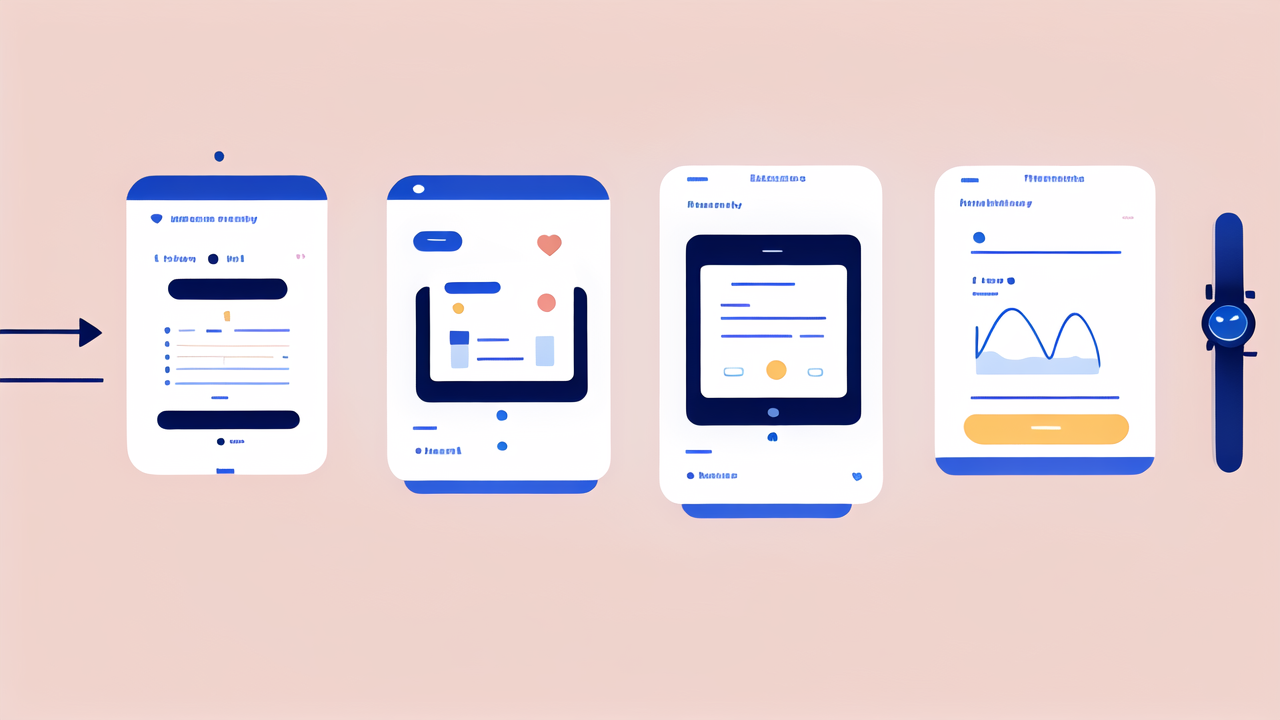 body measurement tracker, smartwatches interface with camera, search, phone, and browser icons on pink background