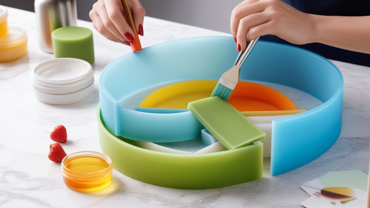 silicone tray mold, Person in lab coat and gloves working with sponge and resin tray molds in lab.