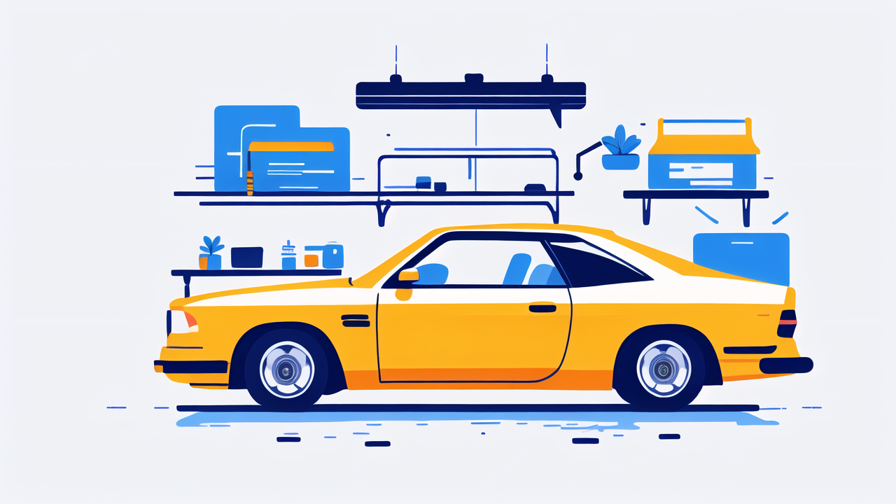 Yellow car with carbon fiber mesh in front of a blue wall with plant and lamp.