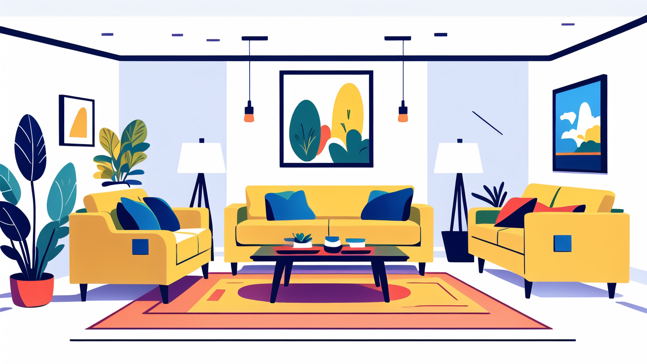 Yellow Velvet Couch with Blue Cushions, Potted Plant, and Black Side Table