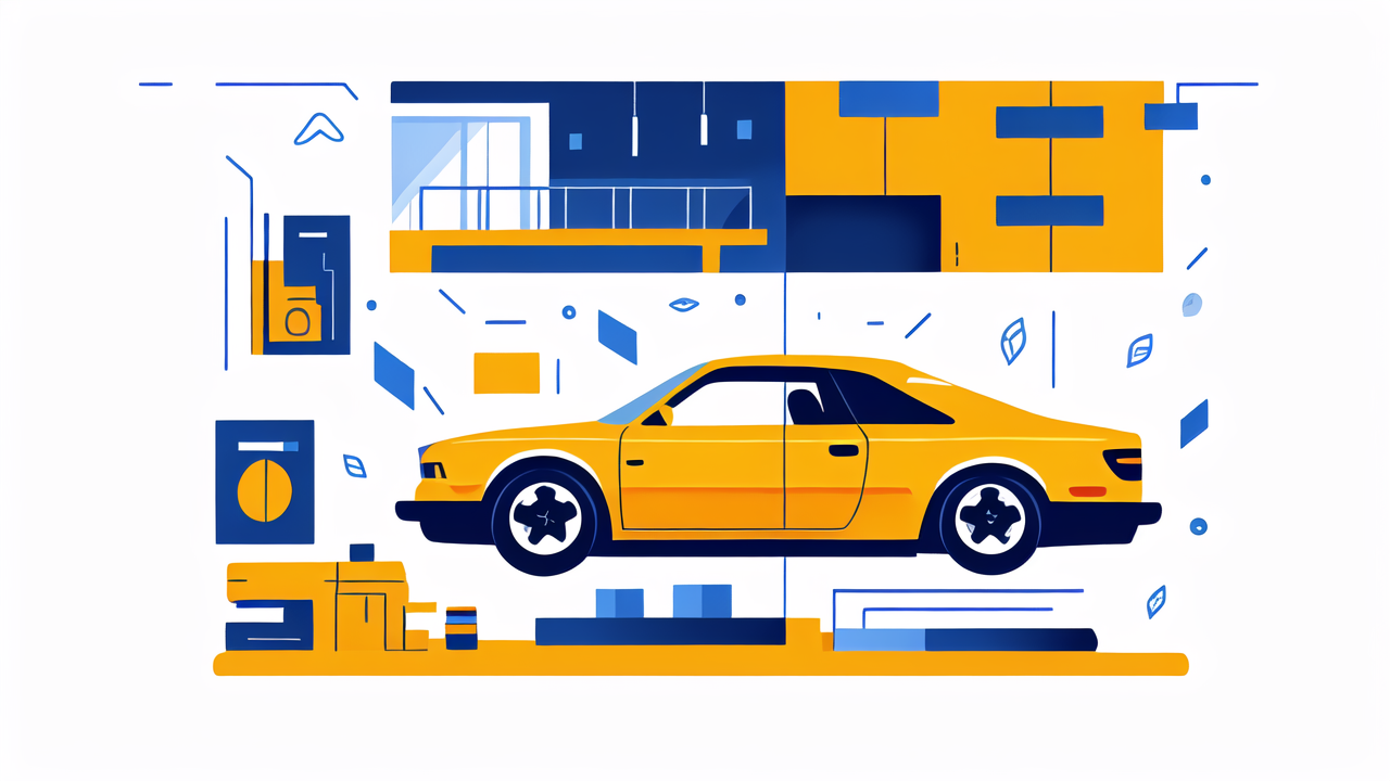 honeycomb panel, Yellow car with sleek design, highlighting Honeycomb Core Technology, dynamic geometry.