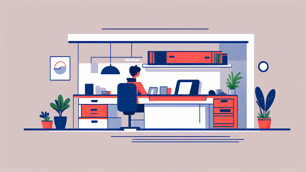 modern office with Three Tier Carts, vibrant blue and orange accents, laptop use