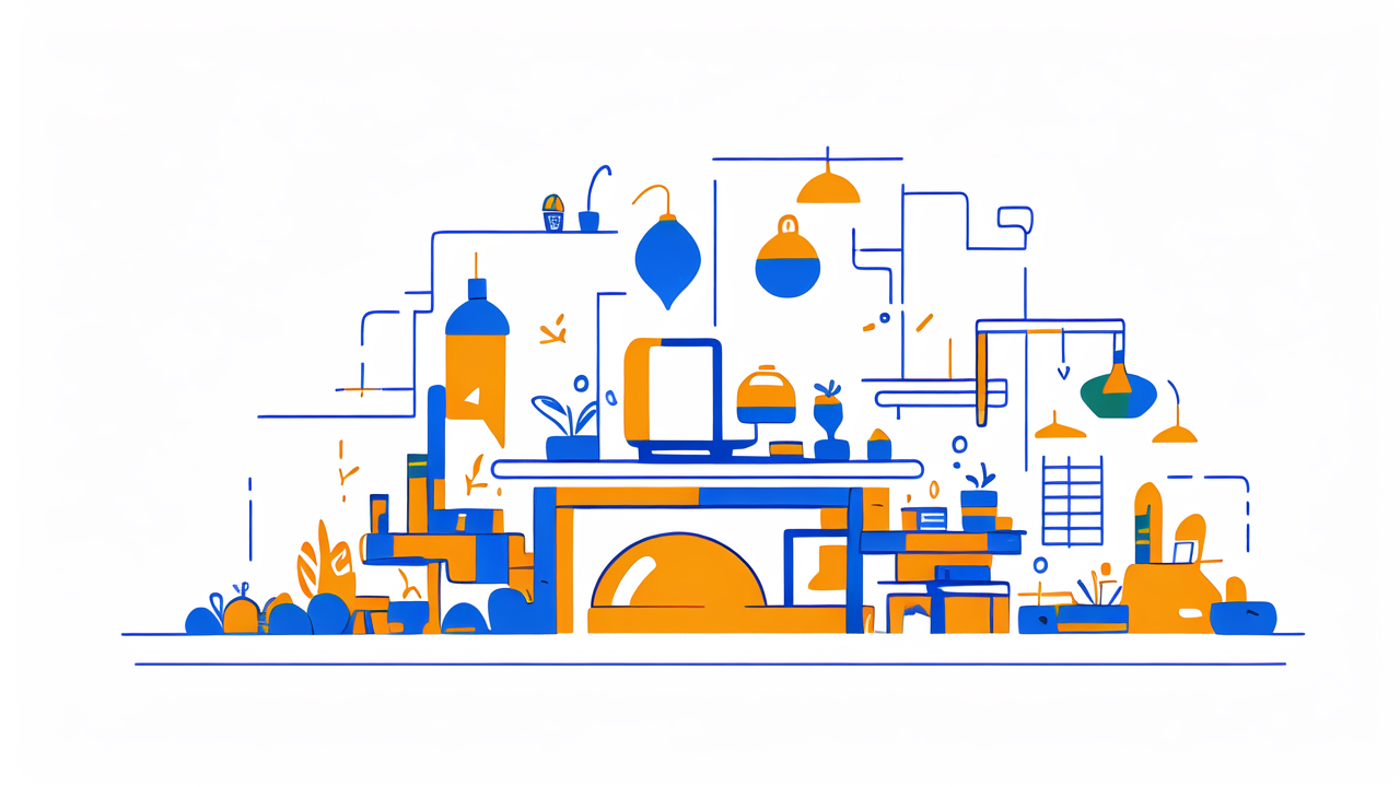 Vibrant blue-orange lab scene with bong components, Bongs, laptop, and microscope.