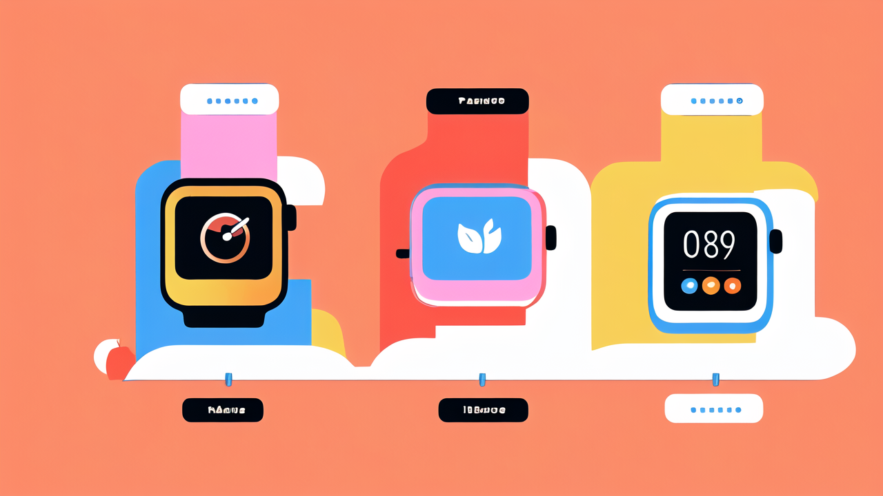 technology smart watch, Smart Watch Comparison: Black, Blue, Yellow Designs on Vibrant Orange Background