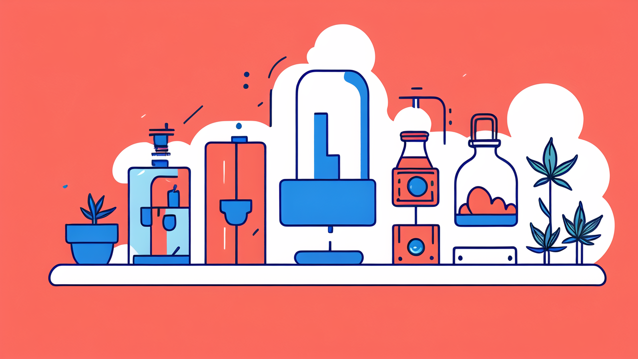 choosing a pipe, Vibrant scene with Large Bongs graph, coffee maker, plants, speaker, and bottle.