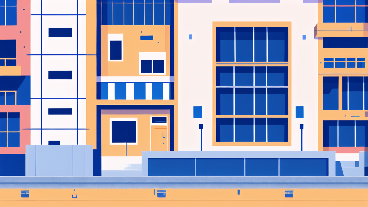 Futuristic cityscape with blue buildings and fiberglass poles by serene water.