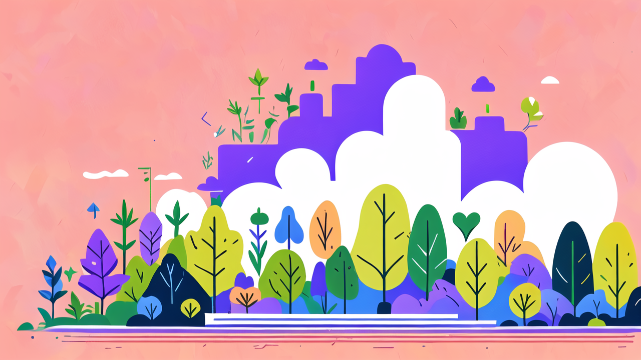 cannabis cultivation, Vibrant landscape with Purple Bang Cannabis Strain, diverse trees, and purple cloud.