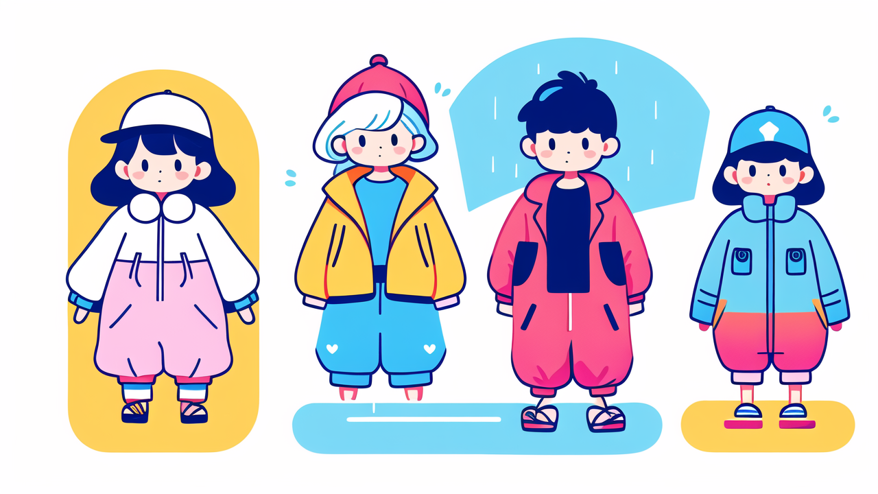 baby denim overalls, Cartoon characters in colorful outfits on yellow platform, perfect for baby clothes.