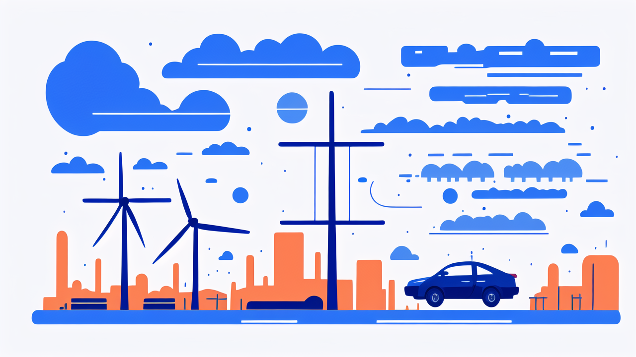 Forged Composites cityscape with blue wind turbines and car amidst orange buildings