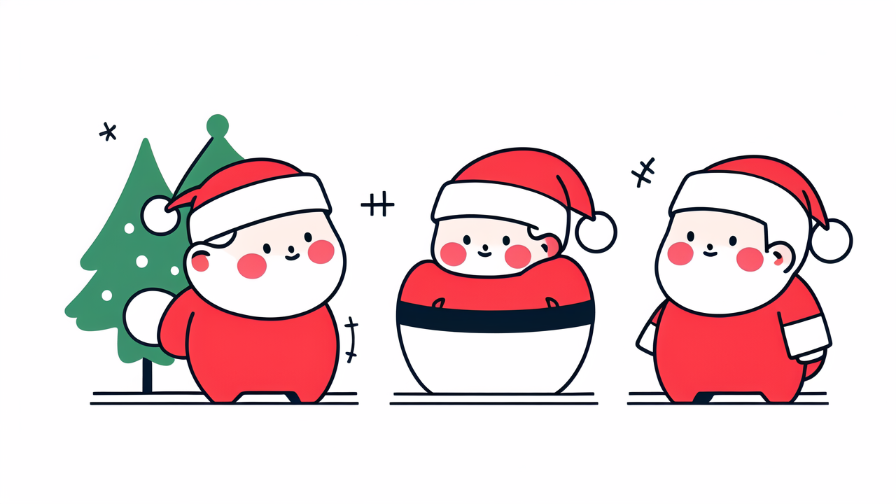 Baby Santa Hats cartoon trio by Christmas tree with star and red-green ornaments