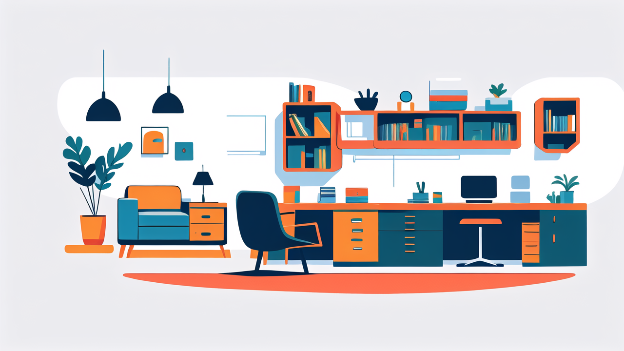 Contemporary Tables in modern office with black and white wood table, plants, bookshelves.