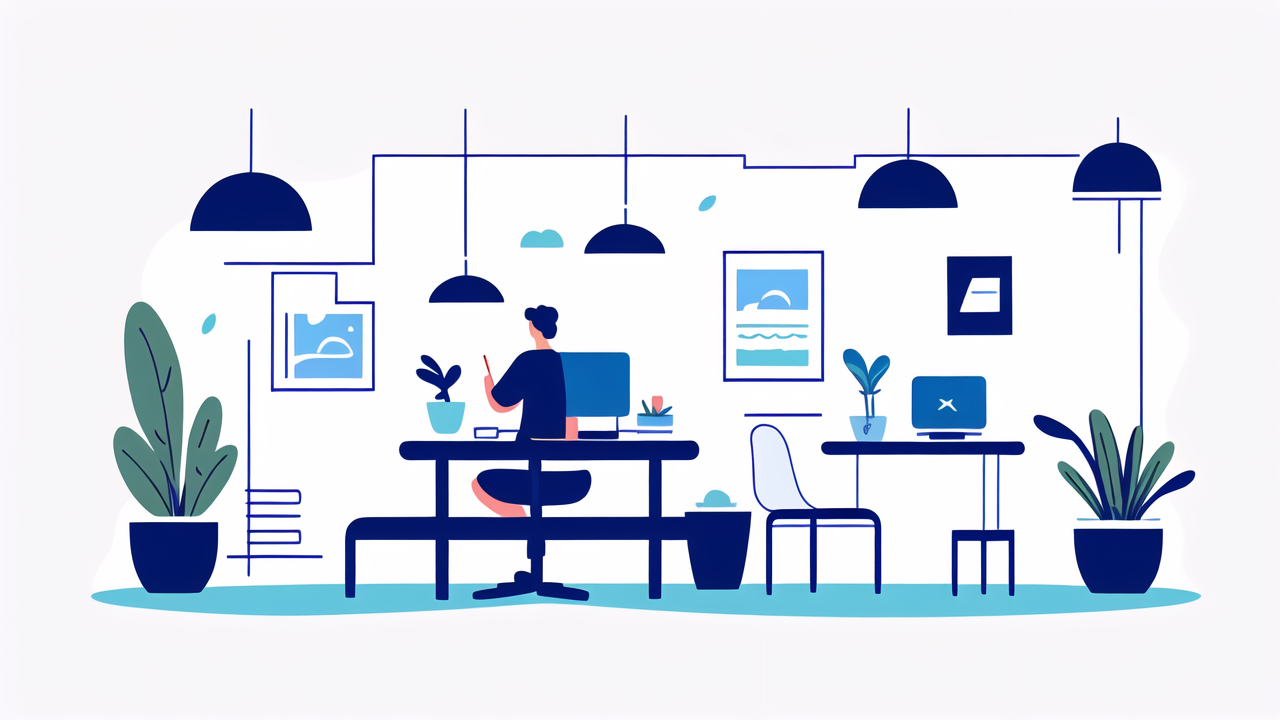 lemonade mix, Modern office space, minimalist design, blue and white with desks, plant, Bong flavoring