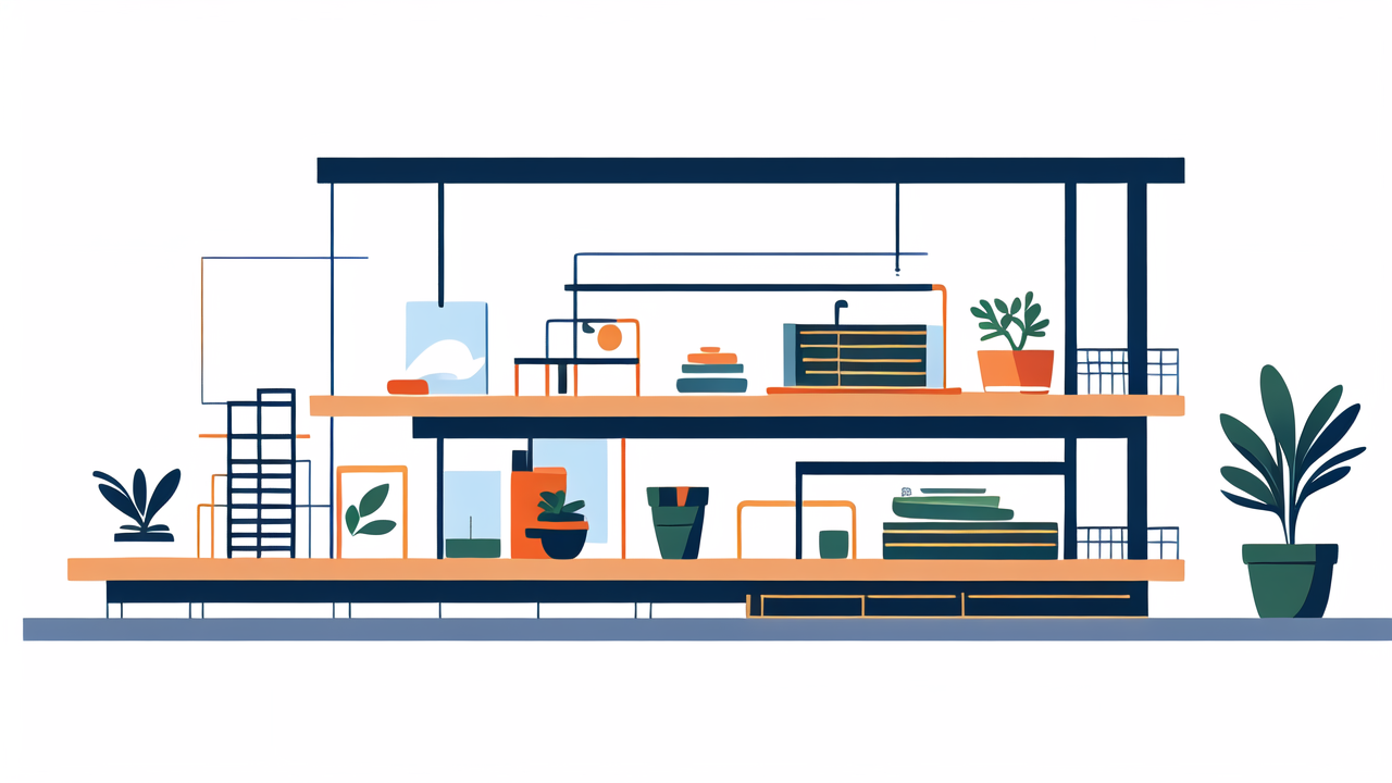 Modern room with stair shelves, blue minimalist chairs, orange accents, natural light