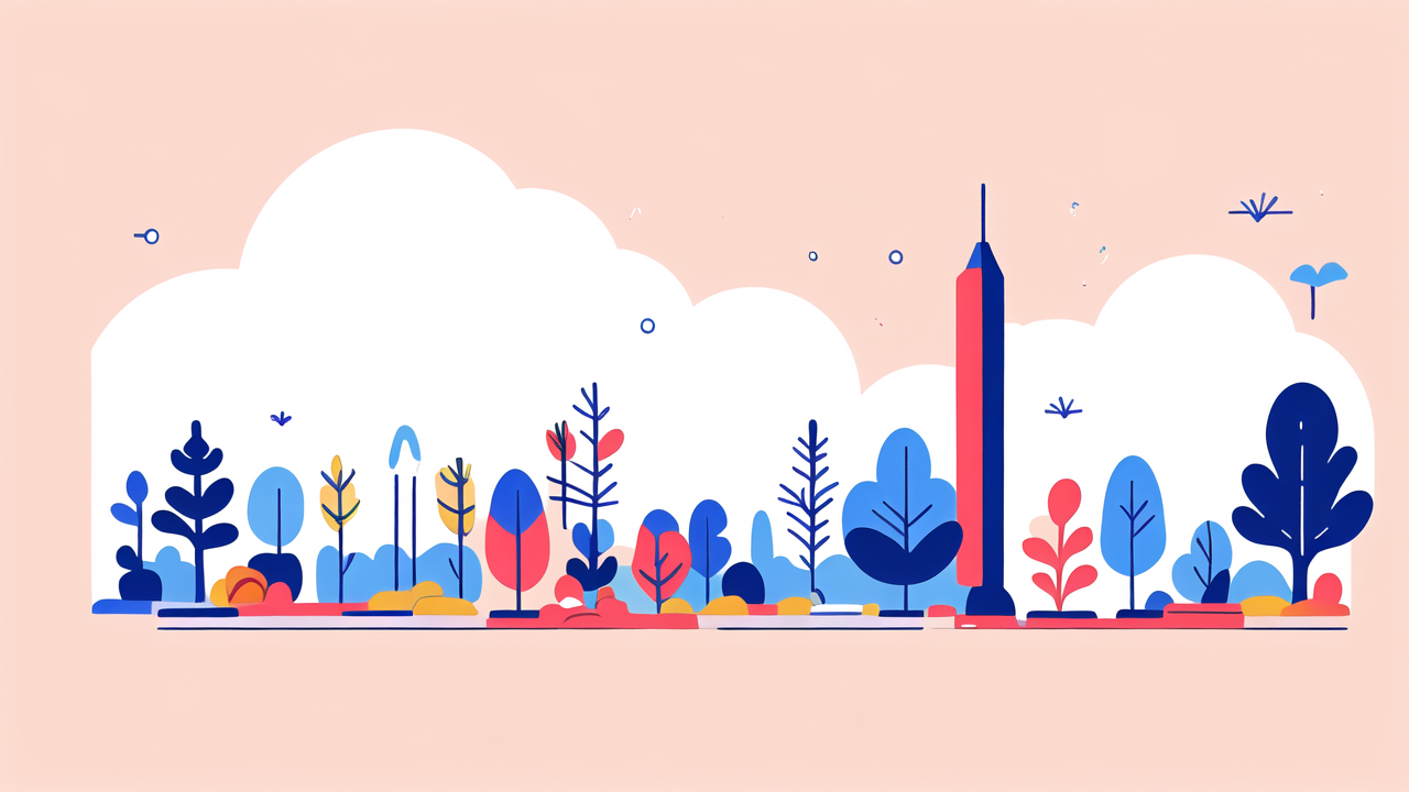 fiberglass stakes, Colorful cityscape with red and blue skyscraper, sky with clouds, Fiberglass Tree Stakes.