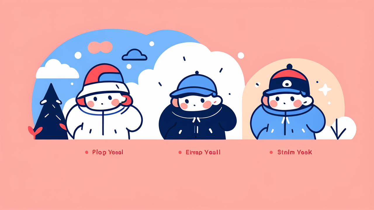 Cute cartoon quartet in baby hats caps, showcasing baby winter clothes theme