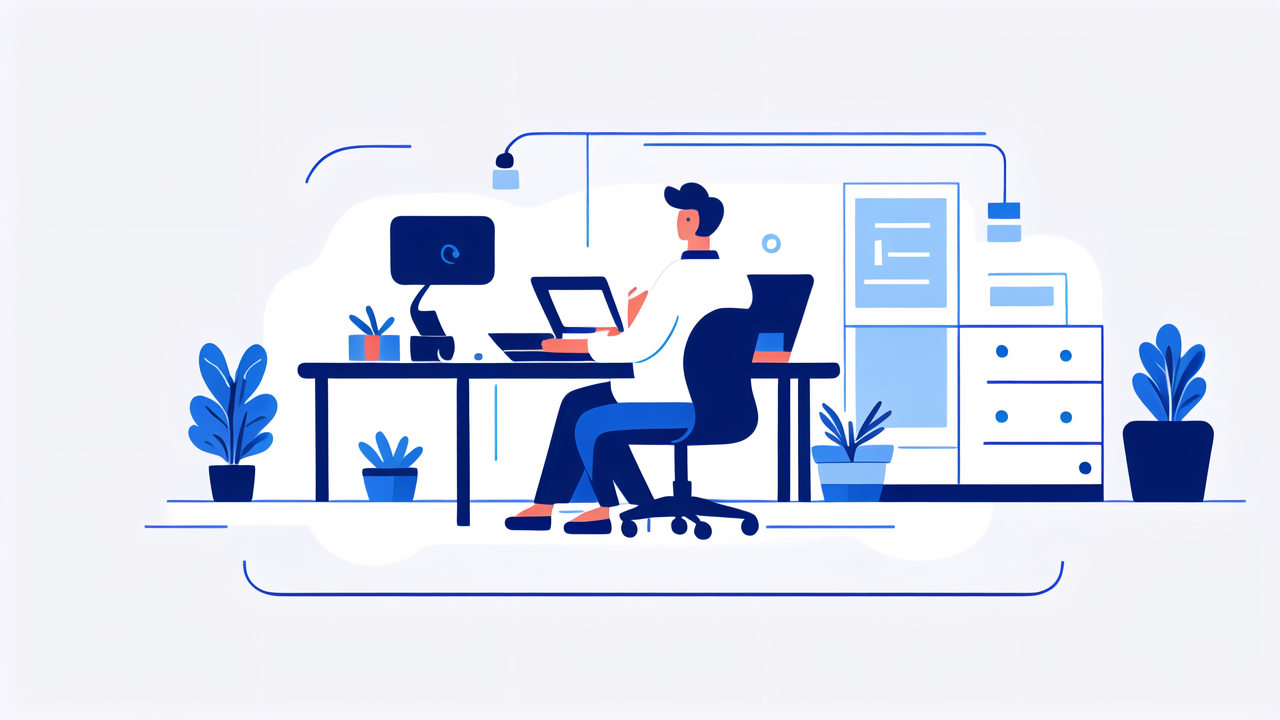 workspace environment management, Modern office with Bar Stool, collaborative workspace, plant, and lamp accents