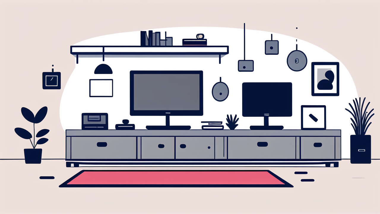 Modern living room with decor in home, red rug, gray TV unit, bar benches nearby