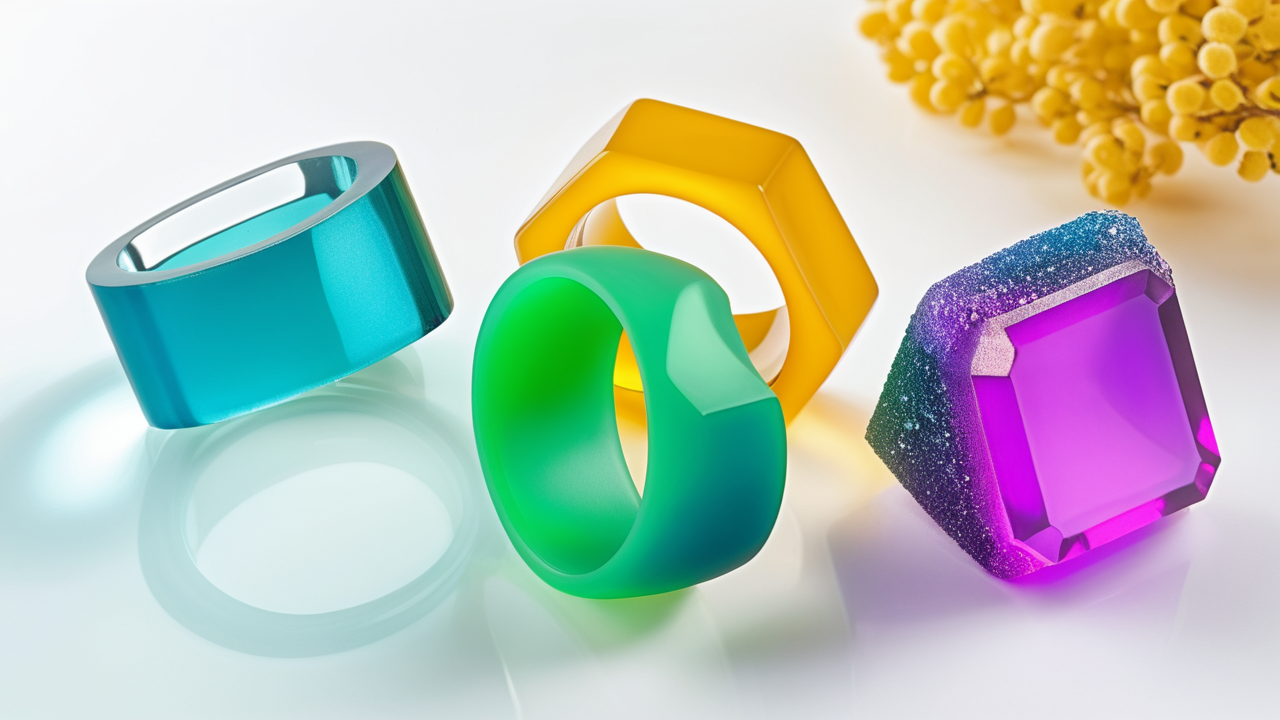 Silicone molds for epoxy resin: teal ring, green ring, yellow prism, purple gemstone.