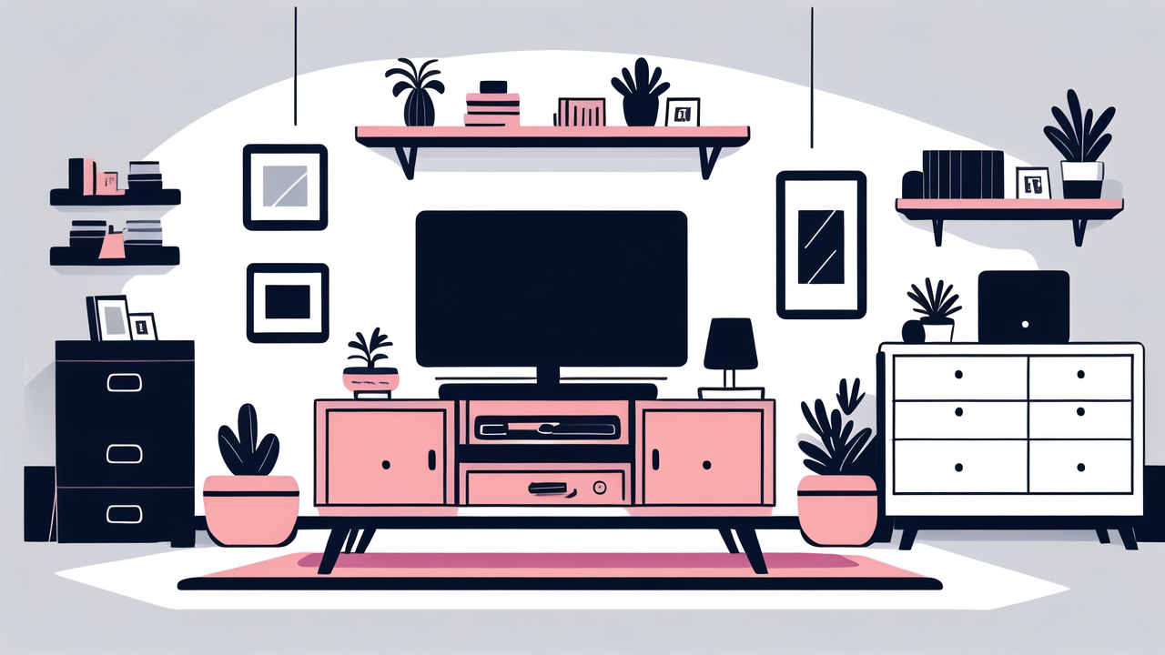 grey wood tv stand, Modern living room with pink cabinet, black filing cabinet, and potted plants.