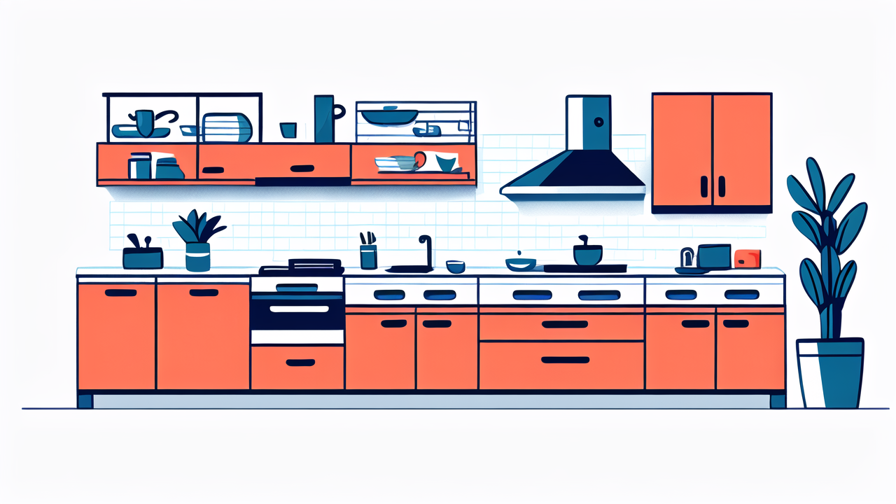 modern living room trends, Modern kitchen design with blue and orange tones, featuring functional appliances