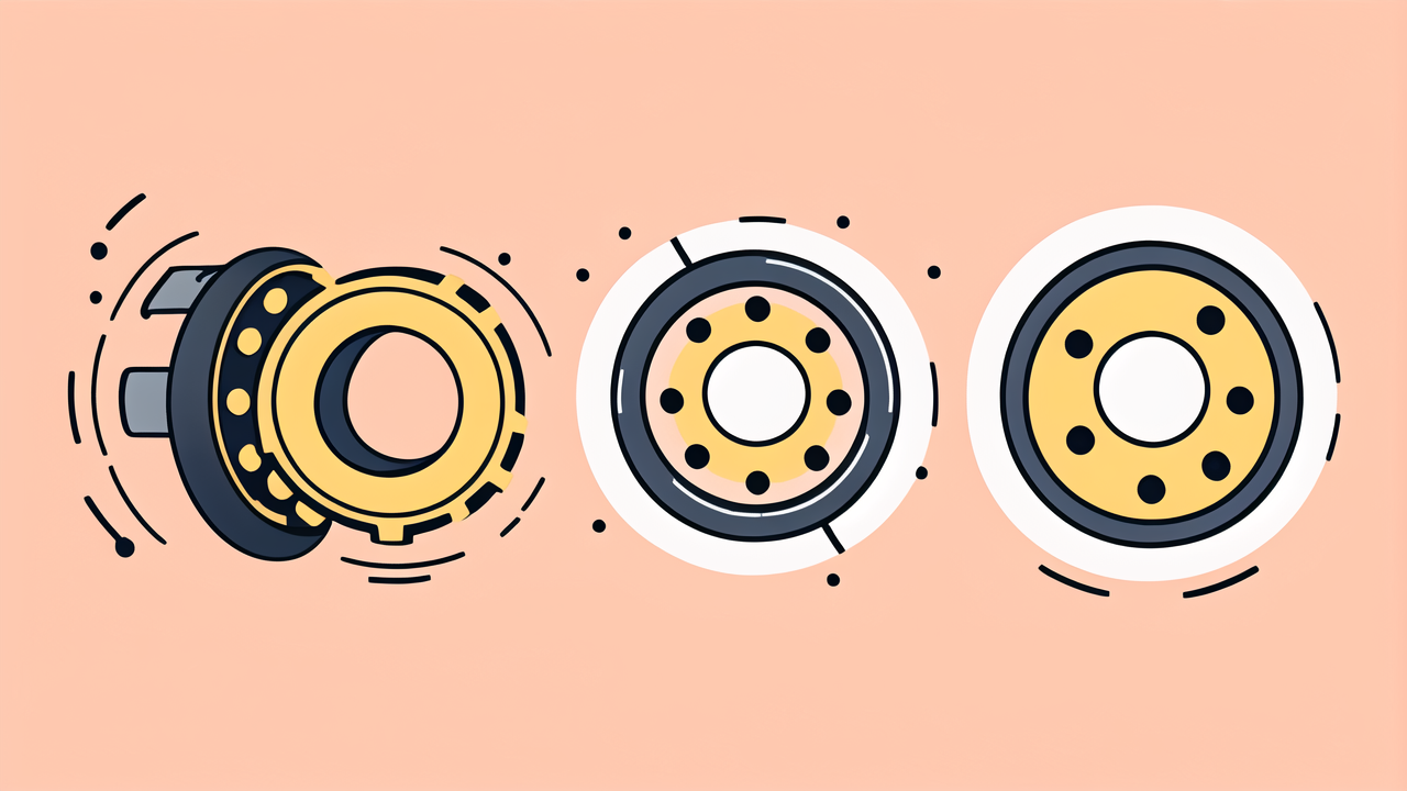 6004z bearing price, Three mechanical gears with central holes on a peach background, focus on 6004z bearing.