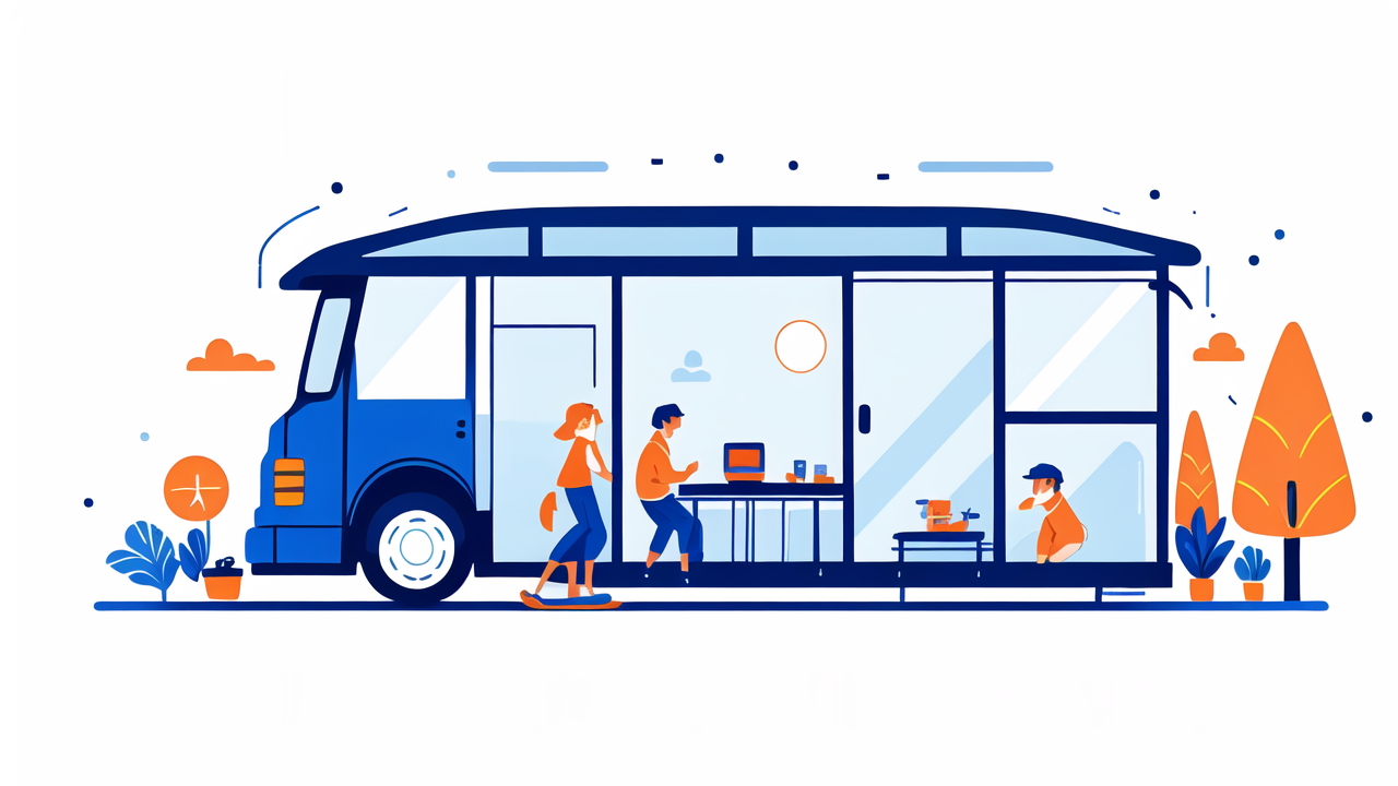 2400w Power Station, blue bus at glass bus stop integrates urban activity, focus keyword: Power Station