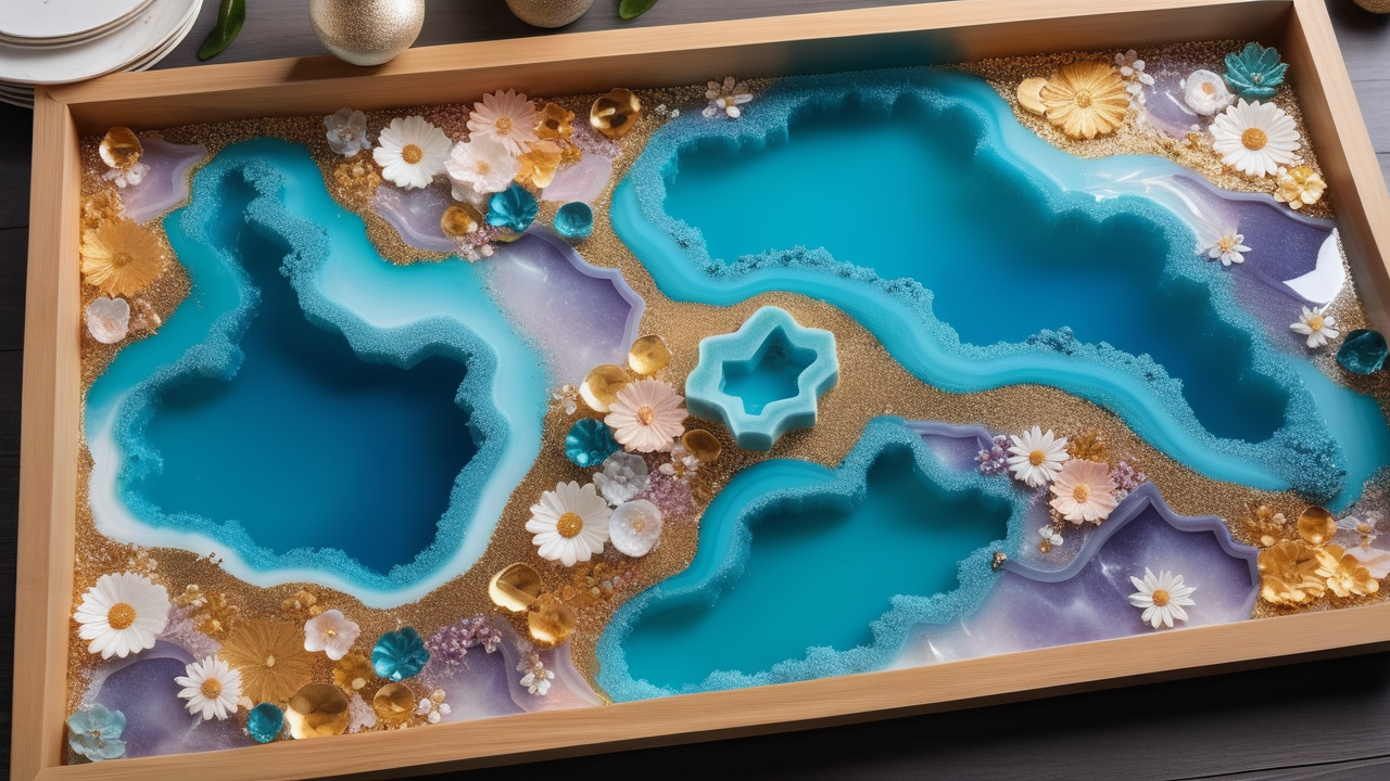 resin table mold, Resin tray mold art in blue, purple, and gold with floral accents on wood surface