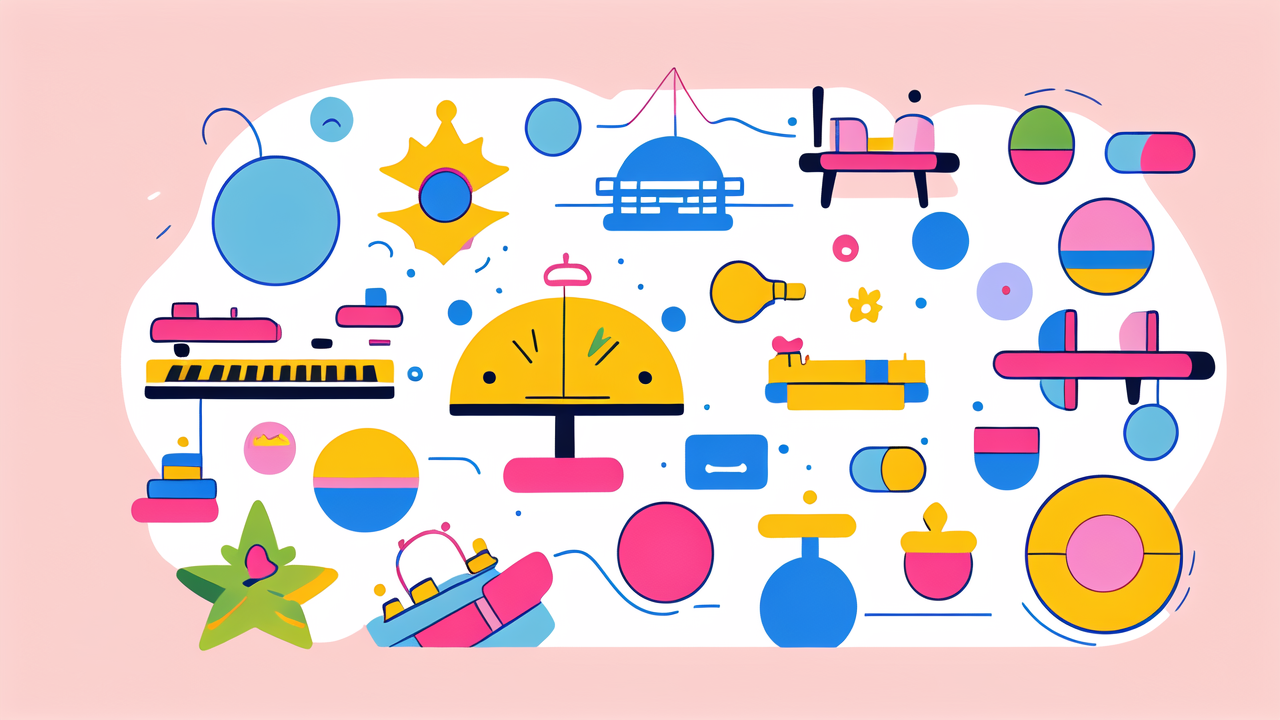 Pink background with musical toys and colorful baby girl essentials illustrated.