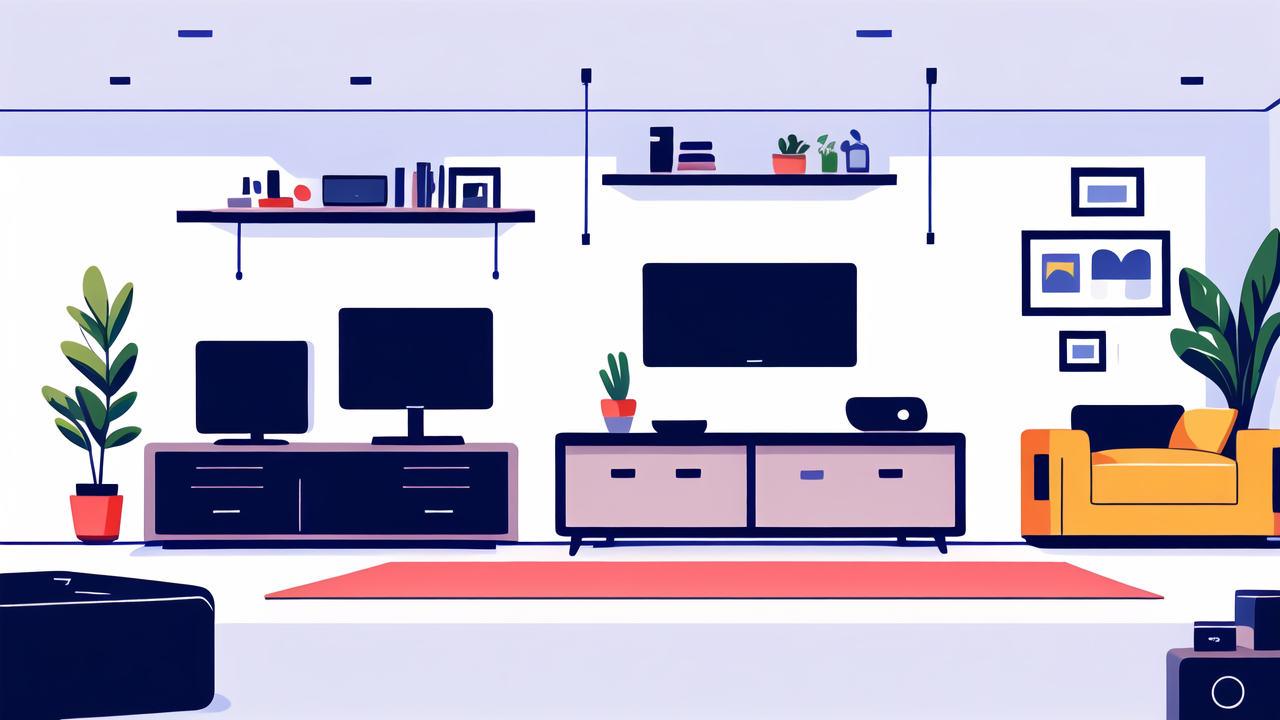 living room ceiling designs, smart tv stand in pink and black modern living room with two TVs, books, and plants