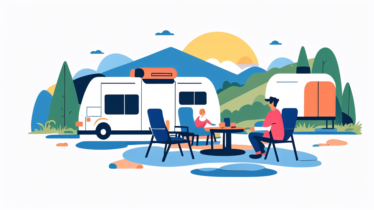 Camping Africa Club Chair scene with RV, trailer, table, and mountain backdrop