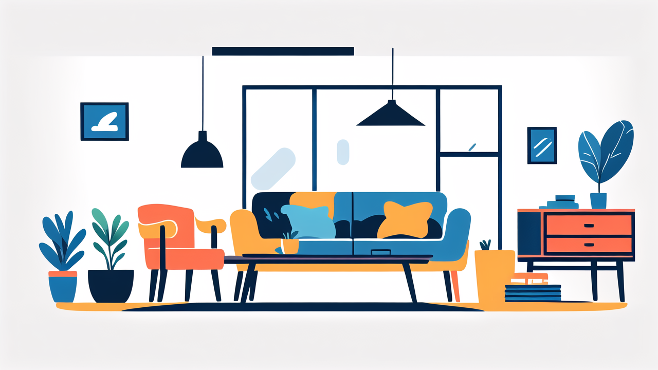 South African Furniture sales: modern living room with blue sofa, orange chairs, plants