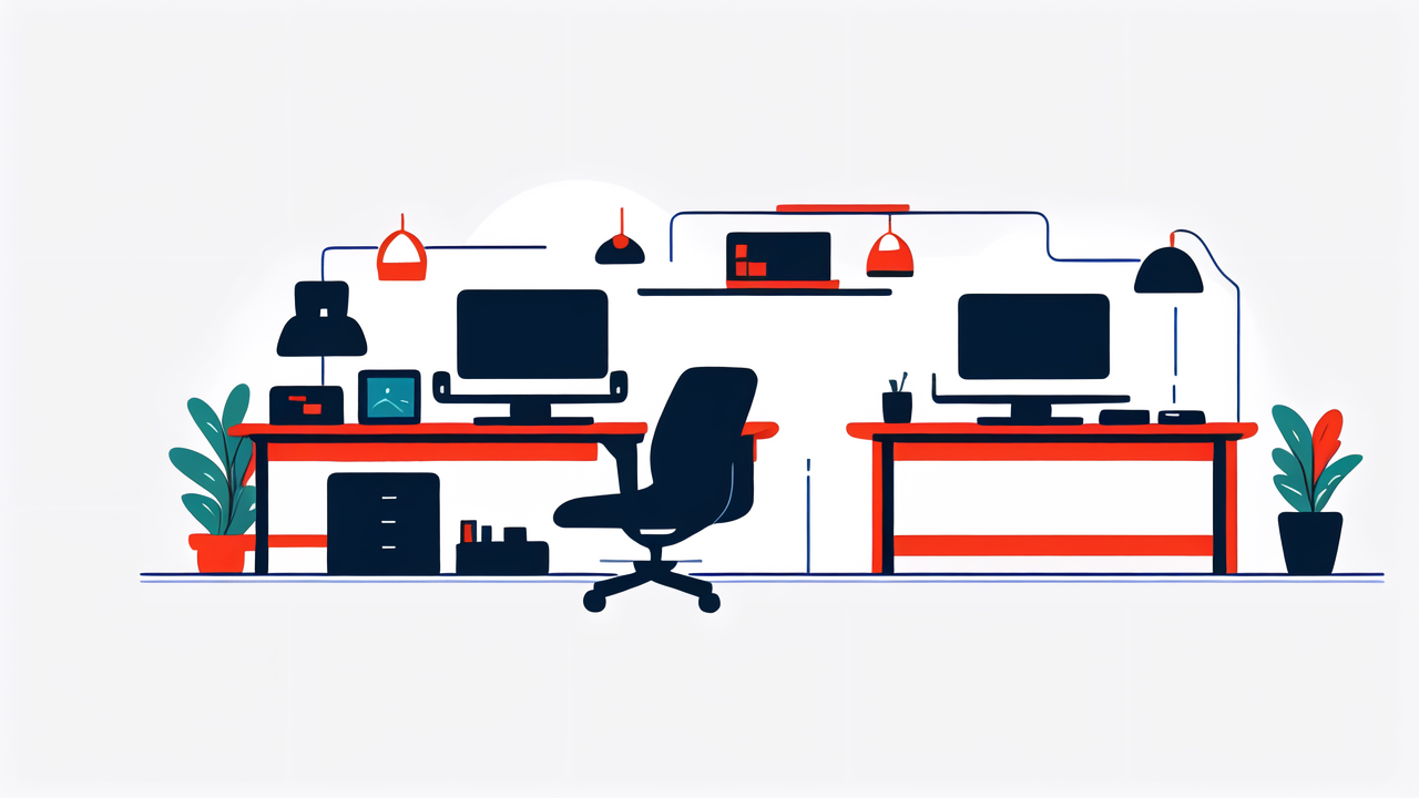 Modern ergonomic gaming desk with dual monitors, black chair, and potted plant.