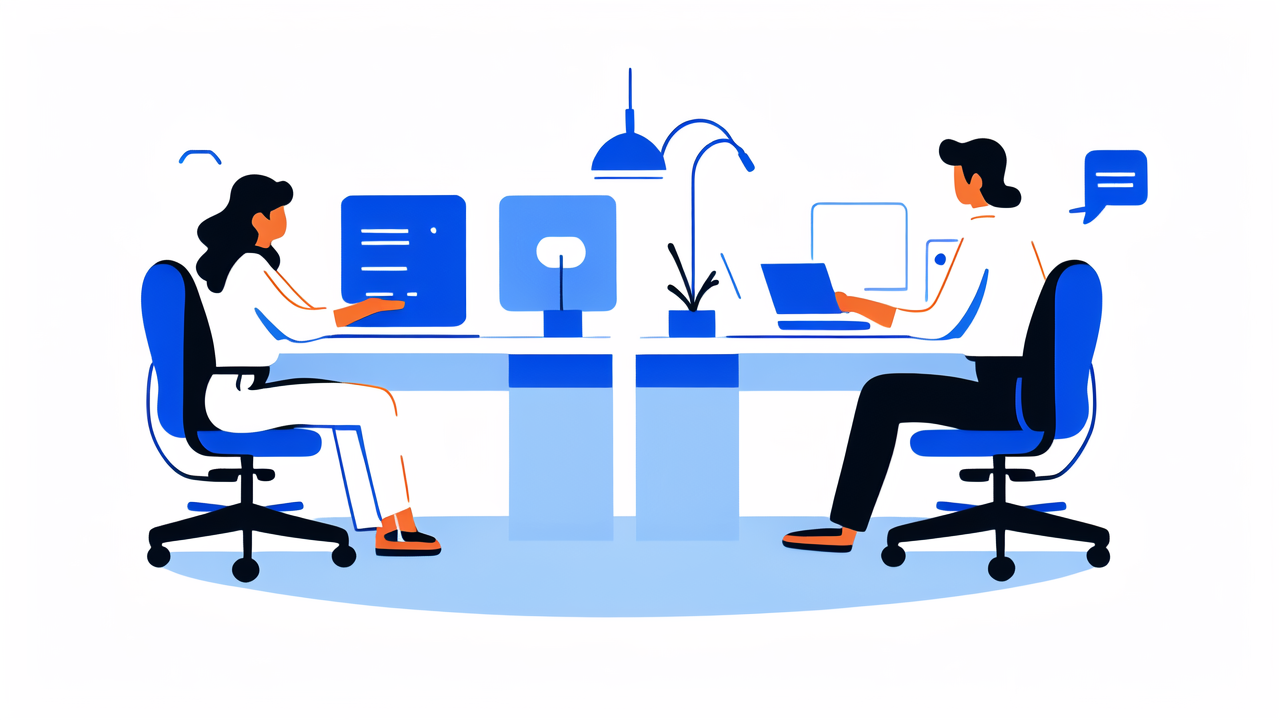 workspace environment management, Modern office workspace with Bar Stool, sleek desk, dual screens, and potted plant.