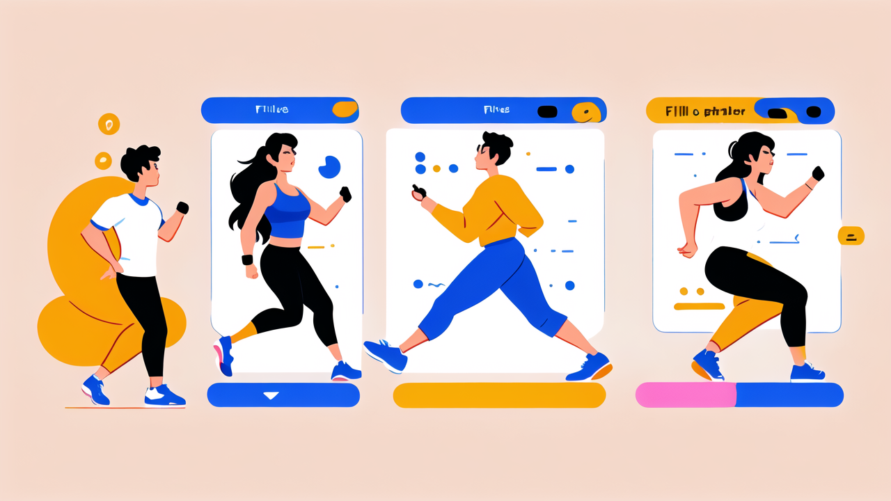 health monitoring, fitness trackers interface with icons for time, data, documents, camera