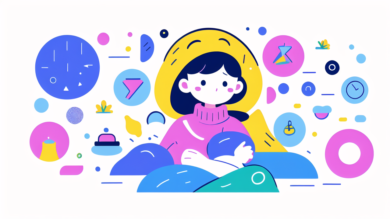 multifunctional baby items, Young girl daydreaming, holding a blue ball; abstract shapes; vibrant, playful mood.