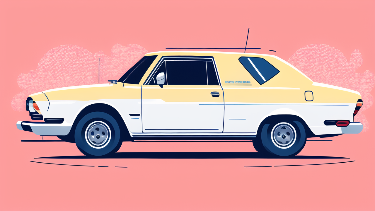 Vintage car illustration with yellow-white colors on pink, no Kevlar fabric visible
