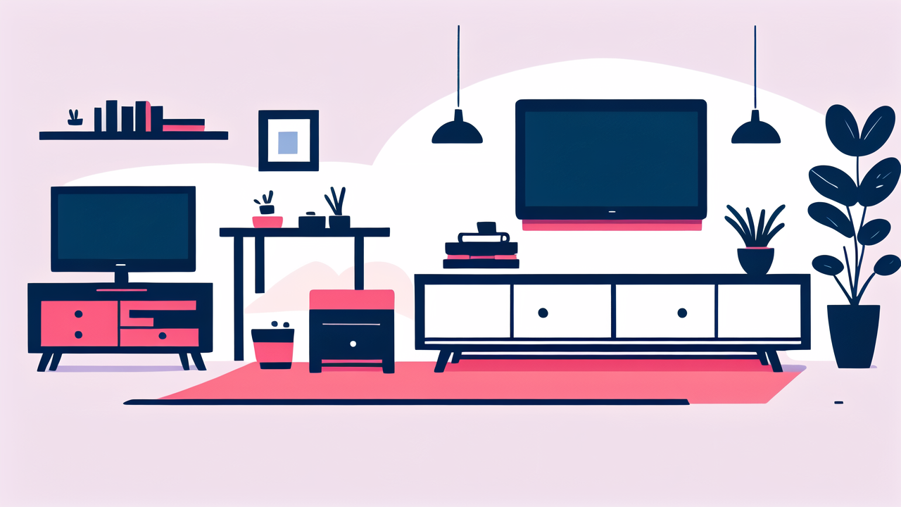 Modern living room with minimalistic tv stand, Entertainment Center, red cabinet