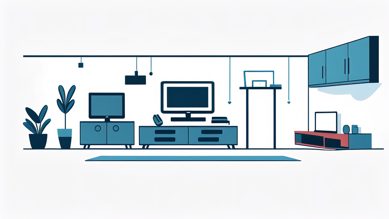 minimalistic TV stand and TV mounts in modern living room, blue and red accents