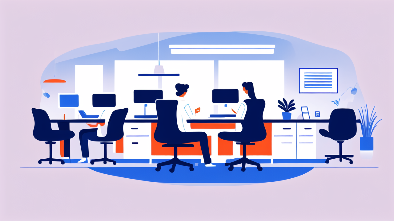 Modern office with laptops, bright decor, round bar cart, workspace efficiency