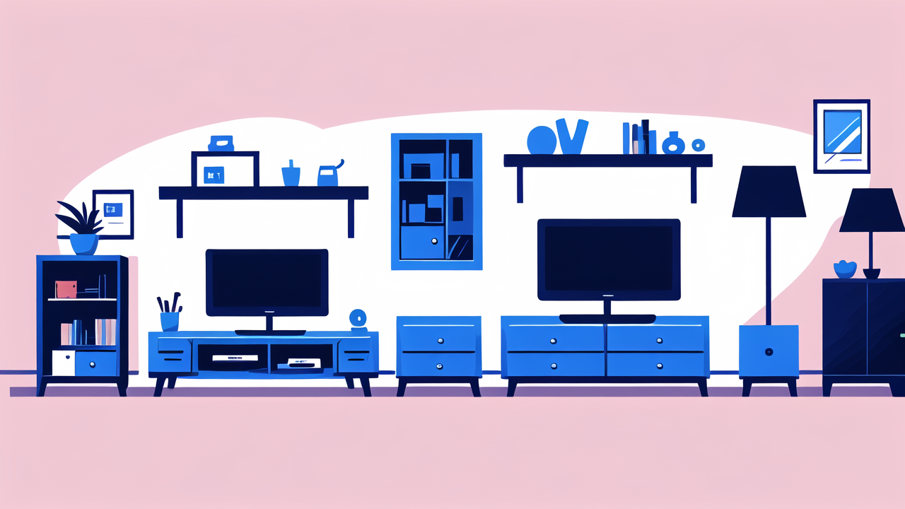 Modern kitchen with purple appliances, Cosmic Bar TV console, and light pink walls.