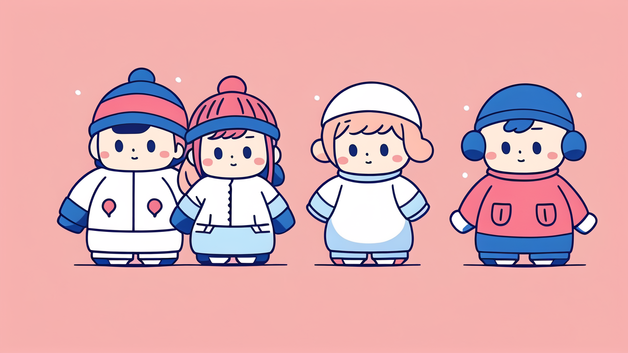 Cartoon trio in Baby Winter Clothing with baby hats caps under blue sky with clouds