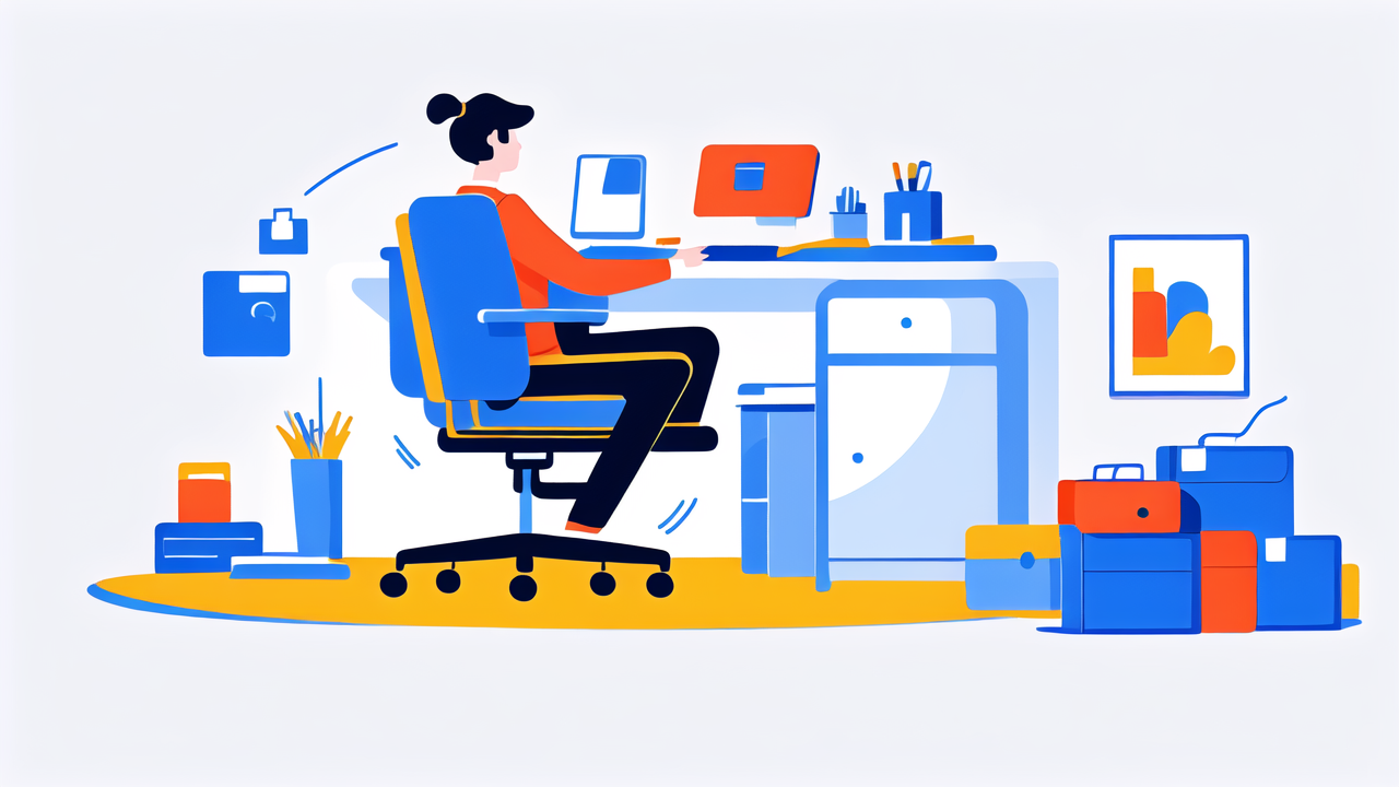power assist lift chairs, Modern office setup with woman, laptop, vibrant blue and orange colors