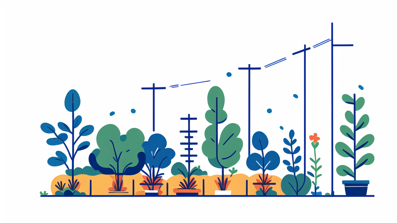 6 ft garden stakes, Vibrant garden scene with plants supported by 6 ft fiberglass stakes and pink background.