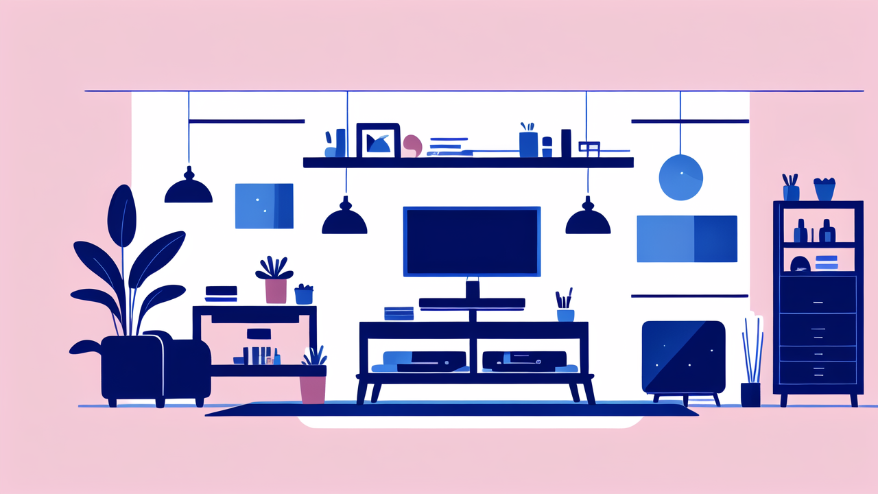 modern living room with blue TV console, multifunctional bed, pink walls, and decor