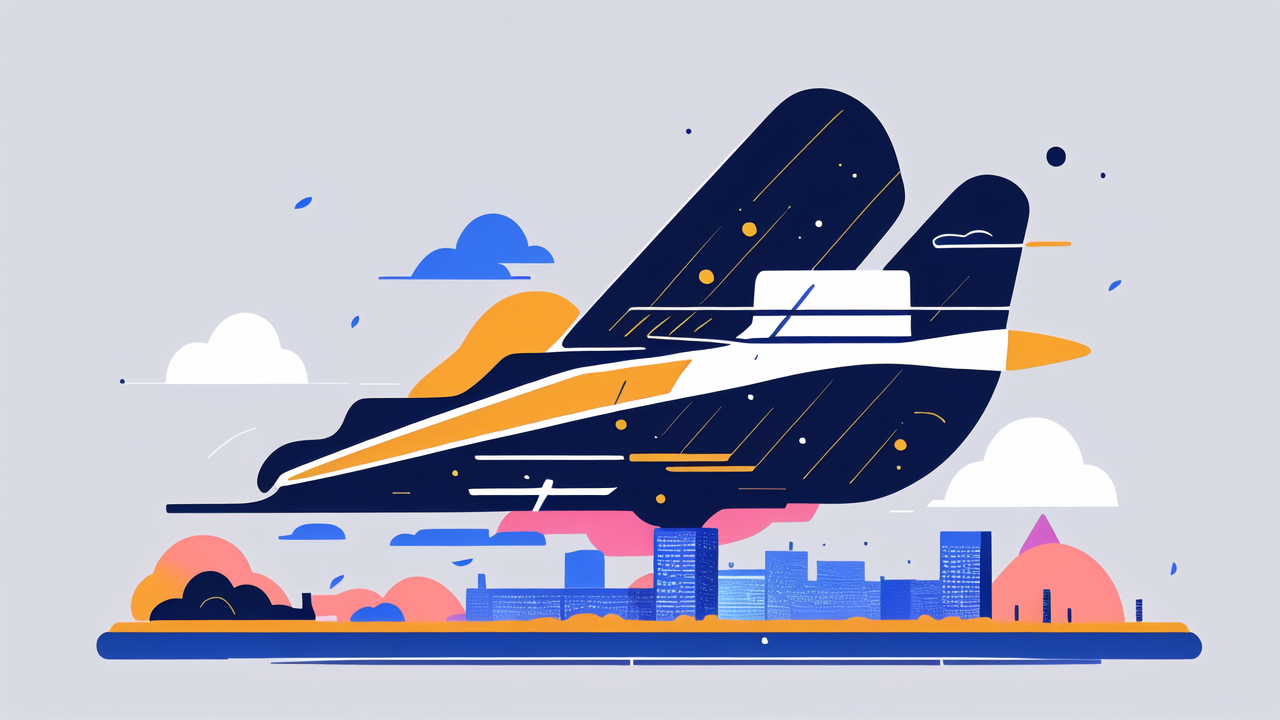 carbon fiber rod fishing, Futuristic airplane in blue and orange over city skyline, sleek and modern design